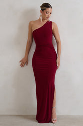 Berry One Shoulder Thigh Split Maxi Dress